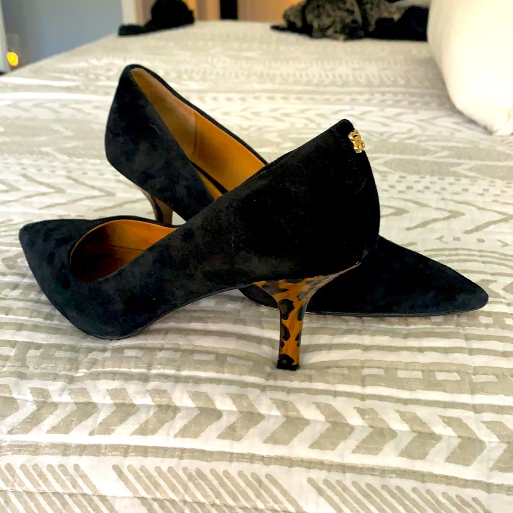 Black Suede Coach Pumps w/ Leopard Heel Size 8.5